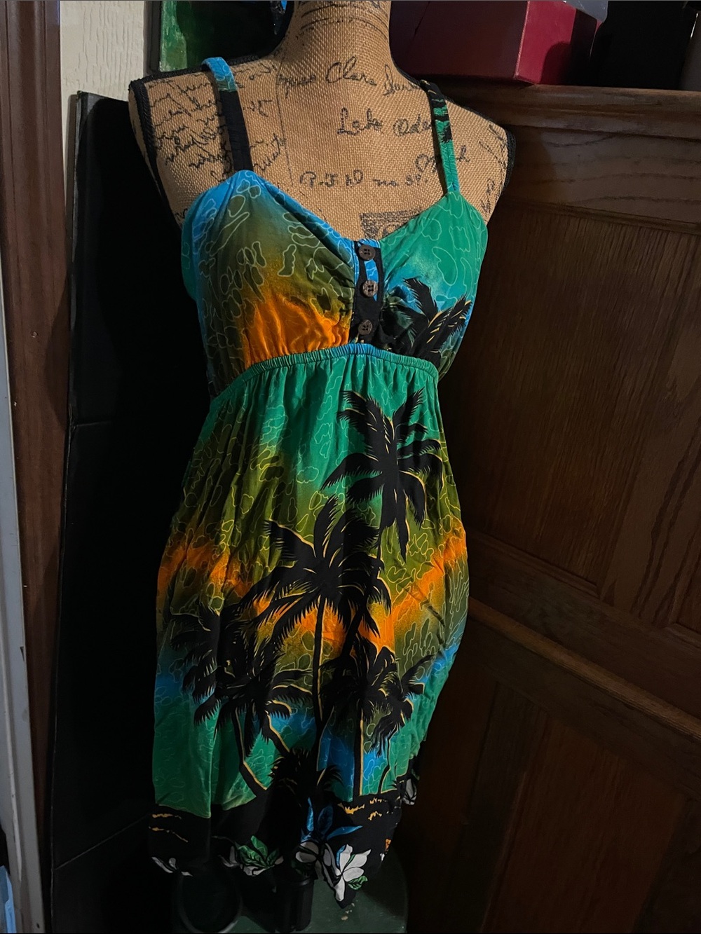 Aloha Fashion Hawaiian Sunset Tropical Palm Print Sundress OS y2k